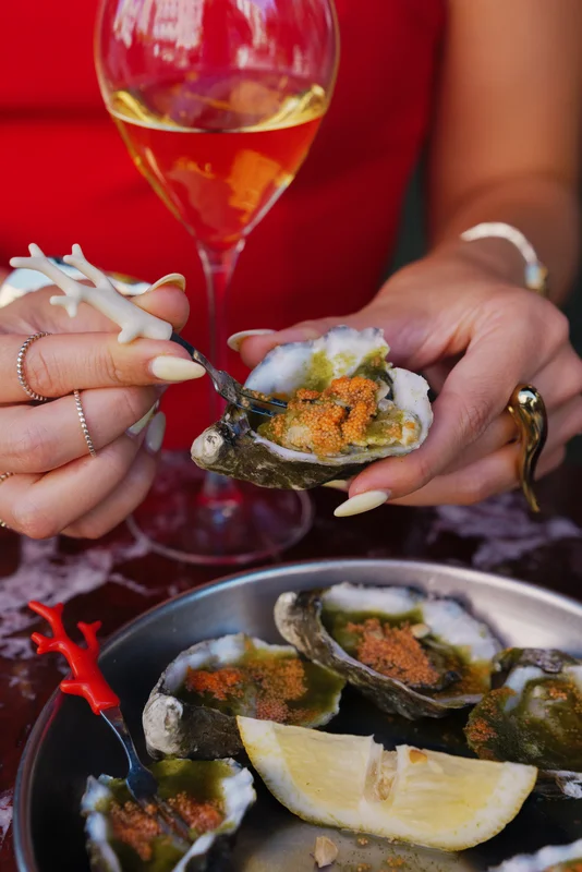 Fresh oysters with coriander salsa and tobiko at Pinch